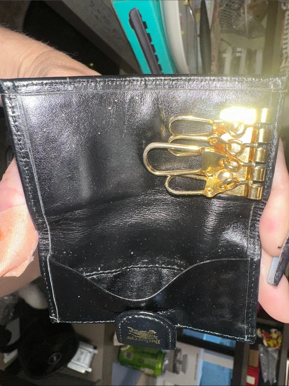 Burberry Tan Plaid Card Holder with Black Leather Snap and Gold Logo - Picture 3 of 5
